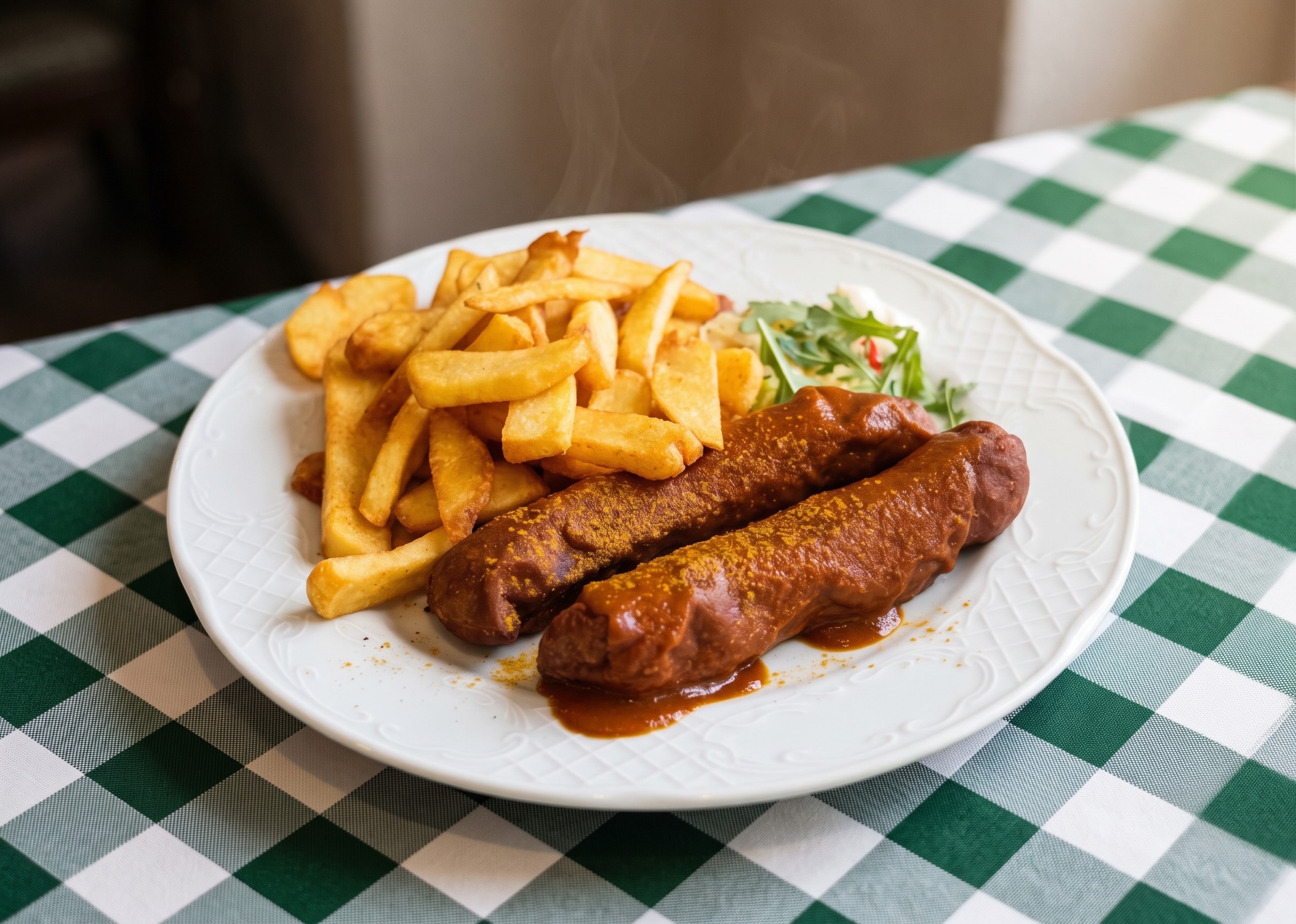 Zwei original Berliner Currywürste mit hauseigener Currysoße und Pommes frites